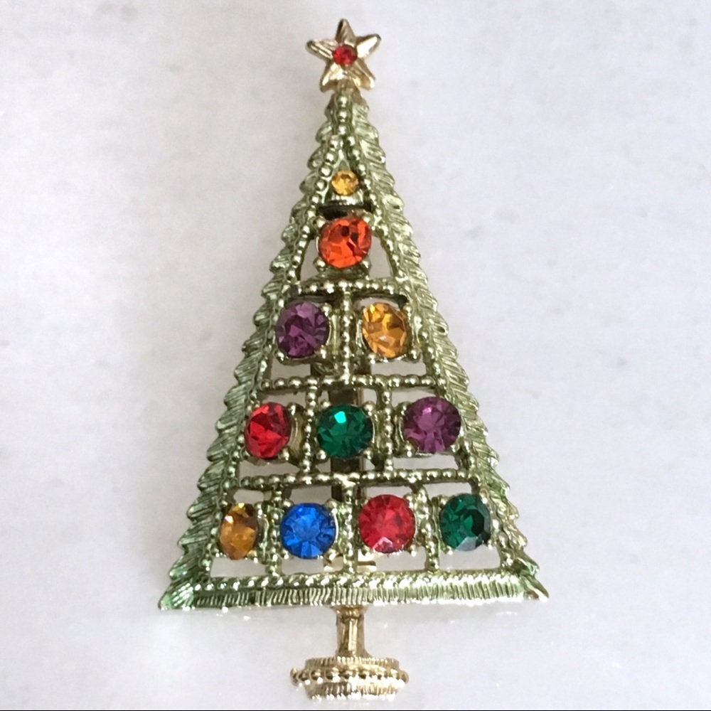 Vintage B.J. Christmas Tree Rhinestone Brooch Pin